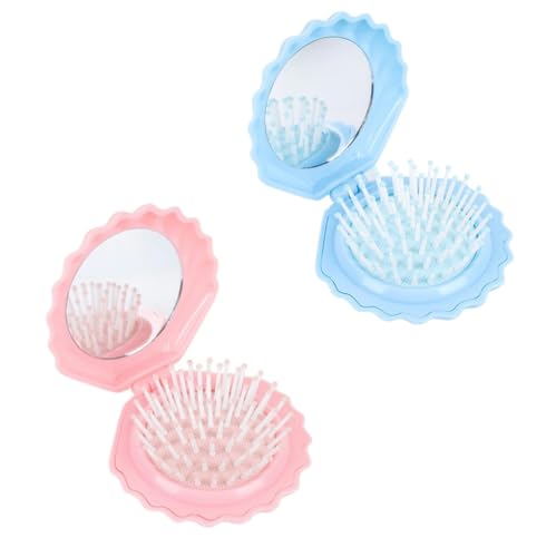 2個 シェルシェイプ 折りたたみ式 ミニブラシ 髪用 ミラー付きトラベルブラシ ポータブルコンパクトヘアブラシ 巻き貝 折りたたみヘアブラシ 女性用 財布の必需品 (ブルーとピンク)