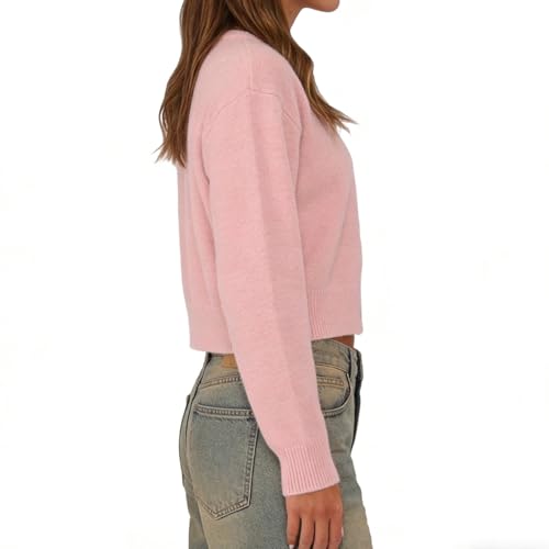 Image of Women Y2K Button Front Crop Sweater Cardigan Solid Color Crew Neck Long Sleeve Knit Fall Tops Streetwear