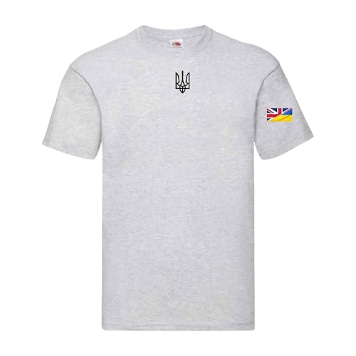 Ukrainian Trident Emblem T Shirt Split Ukraine United Kingdom Flag on Sleeve (UK Alpha XL Regular Regular Grey)
