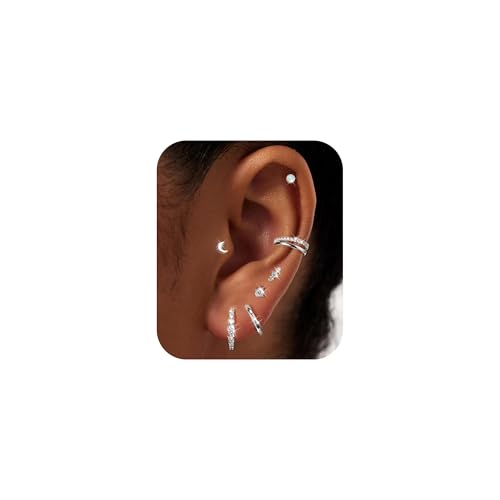 7 Pairs Gold Earrings Set for Women Trendy,Hypoallergenic Surgical Steel Flat Back Cartilage Earring Sets for Multiple Piercing,Lightweight Small Silver Gold Ear Cuff Huggie Hoop Stud Earrings Stacks