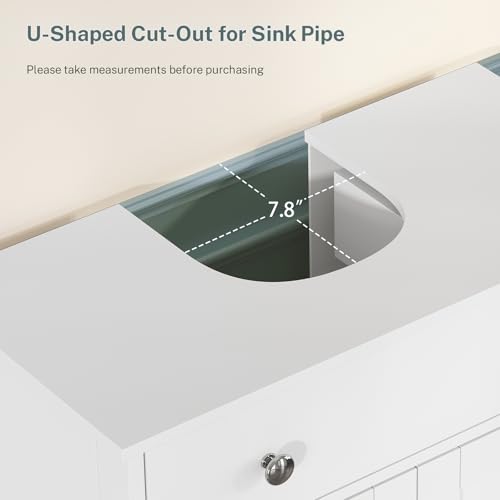 Image of TEENFON Pedestal Sink Storage Cabinet with 2 Doors and Drawer, Bathroom Sink Cabinet, Under Sink Storage with U-Shape Cut-Out, White