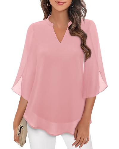 Bebonnie Blouses for Women Plus Size Dressy Tops Sheer Sleeve V Neck Spring Dressy Shirts Professional Office Wear Formal Blouses for Evening Party Wedding Peach Pink XXL