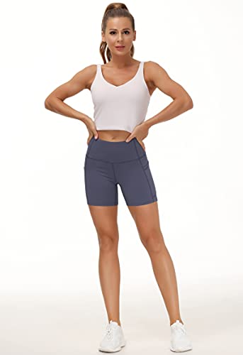 Image of THE GYM PEOPLE High Waist Yoga Shorts for Women's Tummy Control Fitness Athletic Workout Running Shorts with Deep Pockets