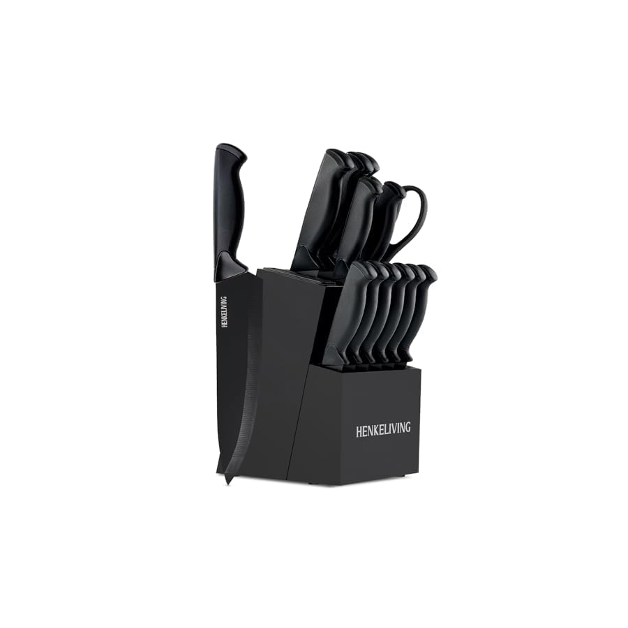 Knife Set, 14-Piece Kitchen Knives Set with Block, Built-in Sharpener, German High Carbon Stainless Steel, Ergonomic Non-Slip Handles, Black