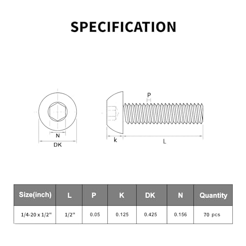 Vgbuy VG10302-1412-70 70Pcs 1/4-20 X 1/2 Inch Button Head Socket Cap Bolts Screws,304 Stainless Steel 18-8,Black Zinc Plated,Fully Threaded,With Spanner Allen Hex Drive thumb #4
