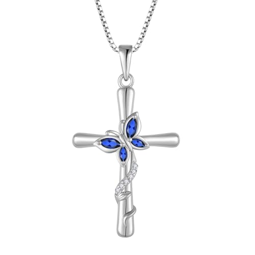 Cross Necklace for Women 925 Sterling Silver Butterfly Necklace Birthstone Pendant Created Gemstone Jewelry Gifts for Women