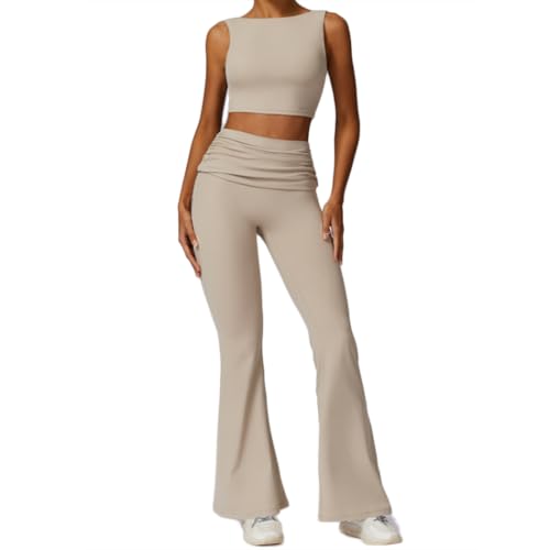 XYFfybhsd Camiseta Tirantes Deportiva Ligera y Transpirable para Mujer y Pantalones Acampanados con Cintura en V y realce de glúteos(Size:M,Color:Albaricoque)