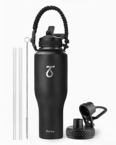 Trebo 40oz Insulated Water Bottle that Fits in Cup Holder, Stainless Steel Bottles Tumbler Double Wall Metal with Straw Spout Lids,Travel Flask with Paracord Handle, Sweat Proof Keep Cold &Hot,Black