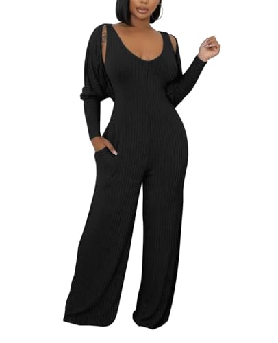 Annystore Sexy 2 Piece Set for Women Fall Outfit Ribbed Knit Long Sleeve Crop Cardigan Wide Leg Pants Set Jumpsuit Clubwear - Main Image