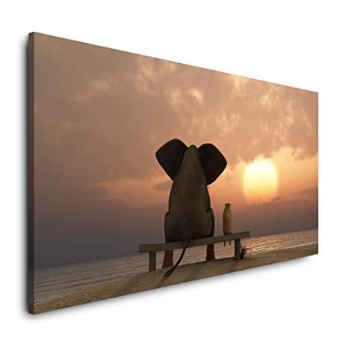 Paul Sinus Art Elefant und Hund schauen in Sonnenuntergang 120x 60cm Panorama Leinwand Bild XXL Format Wandbilder Wohnzimmer Wohnung Deko Kunstdrucke