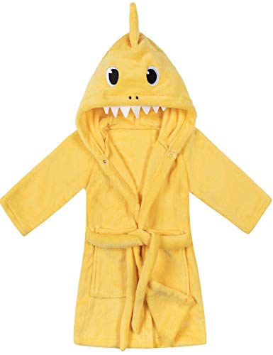 Toddler Kids Cartoon Hooded Plush Robe Animal Pajamas Fleece Bathrobe Children Sleepwear (5T, Shark yellow)