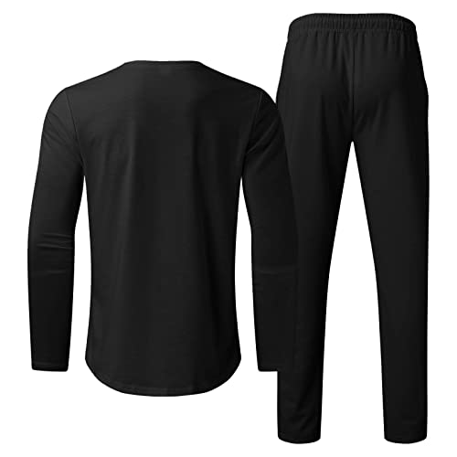 Glvsz Male Casual Solid Two Piece Suit Round Neck Long Sleeve Top Blouse Suit Drawstring Pocket Pants All Tuxedo Suits For Men Black #TOP3