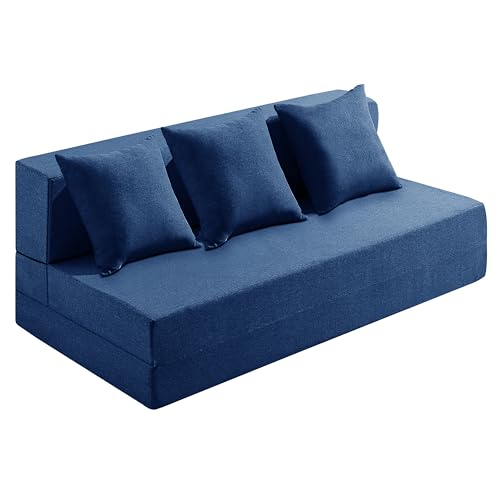 Image of Urban Decor Foldable Sofa Bed 6' X 6' Feet with Cushions | Perfect for Guest Jute Fabric Four Seater Sofa Cum Bed for Home & Office Space-Saving - SCB-4-Blue
