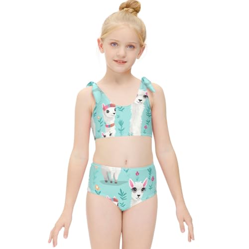 Girls' Bikini Set, White Llamas Teal Kids Swimsuit 2 Pcs Beach Bathing Suit3
