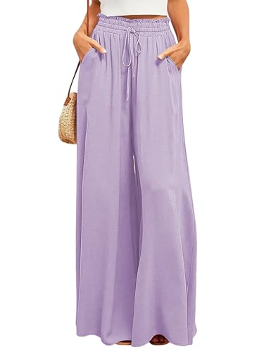 Ulovmi Womens Wide Leg Palazzo Pants High Waisted Flowy Lounge Trousers with Pockets Lilac L
