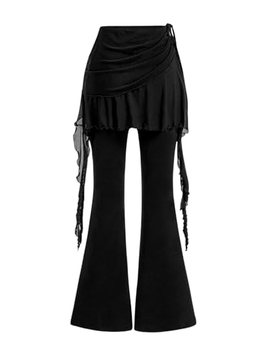 SweatyRocks Women's Y2K Flared Pants Sheer Mesh Skirted Ruched Drawstring Bell Bottoms Asymmetrical Trousers