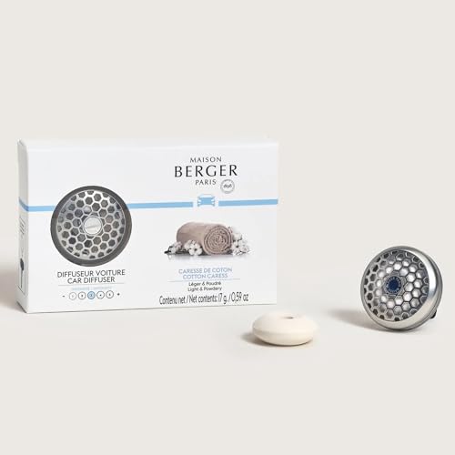 Image of MAISON BERGER Car Diffuser Set, Cotton Caress | Clean Powdery Cotton Notes, Refillable Vent Clip with Ceramic Refill, Passive 4-Week Diffusion, Made in France