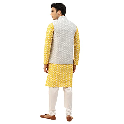 Image of SOJANYA (Since 1958 Men's Silk Blend Light Green Kurta & Nehrujacket with White Pyjama Combo