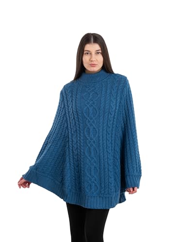 Image of SAOL 100% Merino Wool Cable Knit Ladies Irish Aran Poncho Cardigan