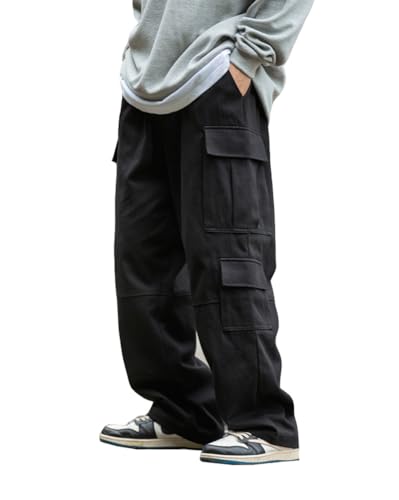 THWEI Mens Cargo Pants Drawstring Elastic Waist Casual Baggy Pant Streetwear Multi Pockets Black XL