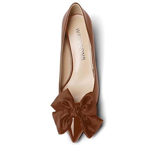 WAYDERNS Women's Satin Bow Decoration Pointed Toe Slip On Patent Stiletto Mid Heel Pumps Shoes 2.5 Inch3