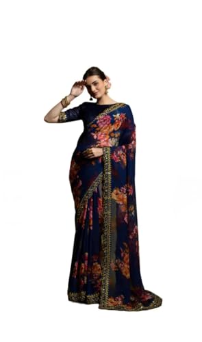 Sari traditionnel Bollywood femme en georgette bleu marine brodé KULIA