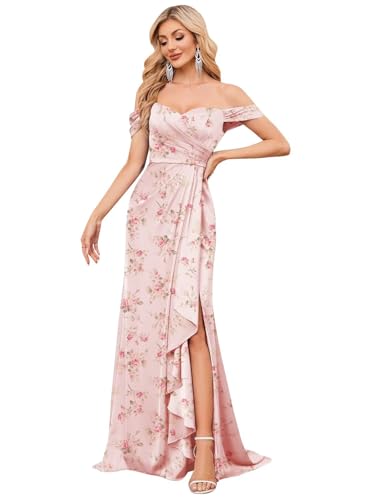 MAGGCIF Off Shoulder Mermaid Bridesmaid Dresses with Slit Satin Ruffle Long Evening Formal Prom Dress