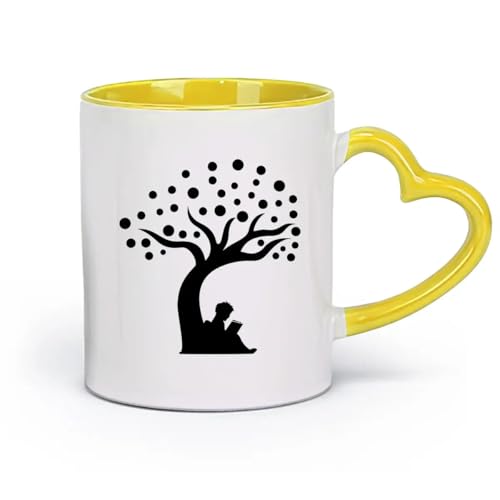 AYUEHBN ceramica Tazze con manici Ragazzo con albero fantasy e palloncini a forma di libro （11oz/320ml） per tè, caffè, latte, cappuccino Giallo