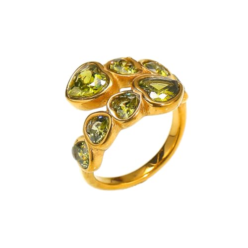 HIJONES Mujer Acero Inoxidable Cristal Corazón Amor Zirconia Anillo Sello Abierto Joyería de Boda Piedra Verde Oliva Oro Talla 12
