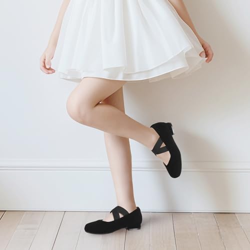 PANDANINJIA Girls Dress Shoes Ballet Flats Mary Jane Elastic Cross Strap Little Big Kid Low Heels Flower Girl Shoes3