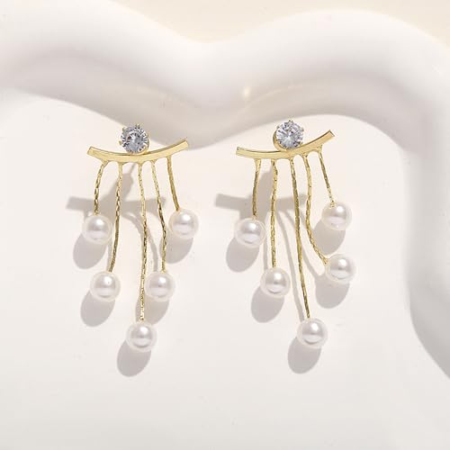 Trendy Boho Pearl Dangle Earrings Rhinestone Tassel Chandelier Earrings Hypoallergenic Front Back Earrings Jewelry Accessory Presents for Wedding Prom4