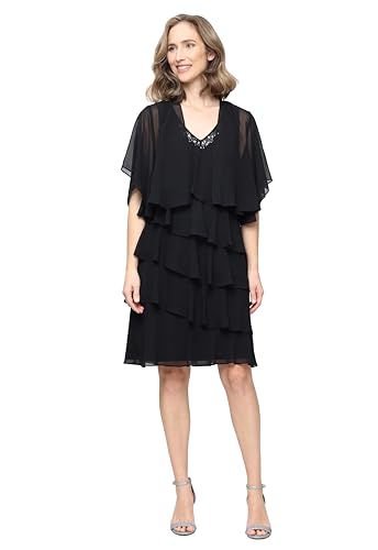Image of S.L. Fashions Women's Chiffon Tiered Jacket Dress with Beaded Neckline Mother of the Bride, Cocktail, Or Wedding Guest Dress
