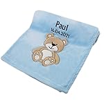 Cozy Racoon Babydecke bestickt mit Namen und Geburtsdatum | Weiche Kuscheldecke für Baby Jungen und Mädchen I Personalisiertes Geschenk zur Taufe, Geburt oder als Erstausstattung I Blaue Decke mit Bär
