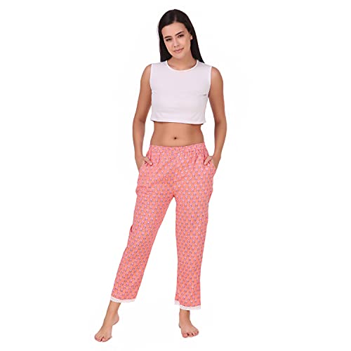 Image of Soulful Threads Women Peach Kantha Work Floral Printed Cotton Lounge Pant (ST152959)