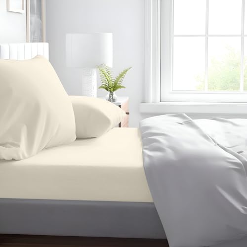 Kotton Culture Double Bed Sheet set - 600 Thread Count Long Staple Cotton - 1 Fitted Sheet 140cm x 200cm with 48cm deep pocket, Flat Sheet and 2 Standard size Pillow cases (Ivory)