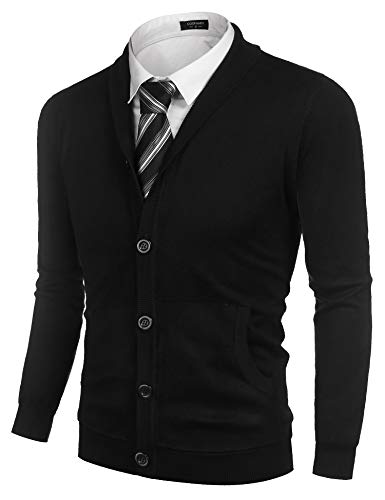 COOFANDY Mens Casual Slim Fit Cardigans Shawl Collar Button Down Knitwear Sweater with Pockets (Black S)
