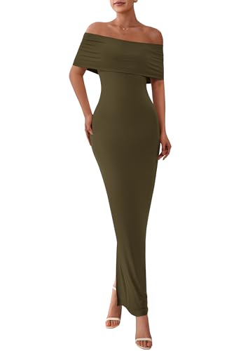 PRETTYGARDEN Women's Off The Shoulder Maxi Dresses 2025 Summer Formal Elegant Cocktail Party Wedding Guest Long Dress (Army Green,Large)