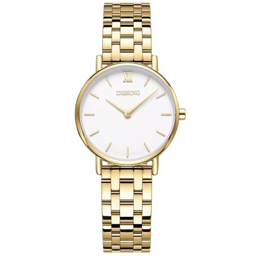 DISSING Damen Uhr Gold 30 mm Klassische Edelstahl Armbanduhr für Frauen Minimalistische Damenuhr mit Quarzwerk & Weißem Zifferblatt Elegante Markenuhren für den Alltag