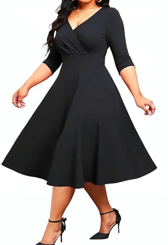 Image of Womens Plus Size Dresses Faux Wrap Summer Dress 3 /4 Sleeves V Neck 1950s Retro Vintage Wedding Party Midi Dress