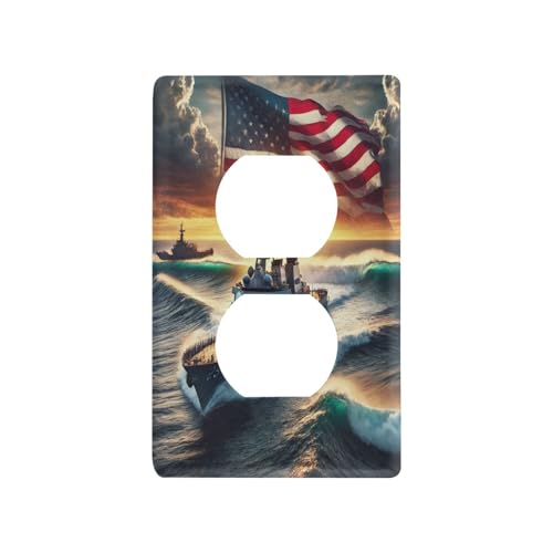 Navy Sunset Gold Light Switch Cover Decorative Receptacle Outlet Wall Plate Guard Plastic Outlet Covers for Home Decor Room Office Bathroom (Duplex Outlets Cover)