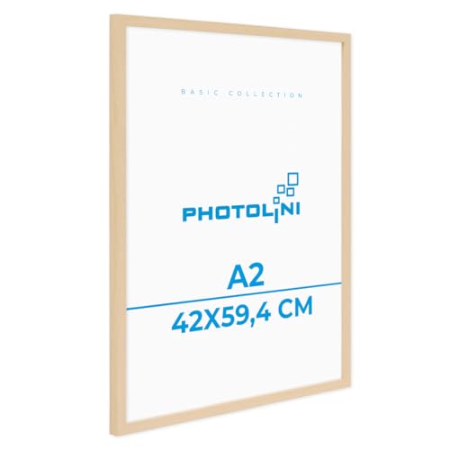 PHOTOLINI Cadre A2 42 x 59,4 bois MDF naturel, cadres photo pour posters et affiches, verre acrylique incassable, décoration murale à suspendre, avec accessoires supplémentaires