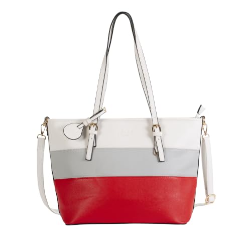 Image of Mabel London Multicolour Faux Leather Summer Tote Shoulder Bag - Gold Metal Fittings & Adjustable Strap - Casual Handbag - Sadie (White Grey Red)
