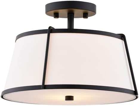 VAXCEL Marion 2-Light 13 in. Wide Matte Black Mid-Century Modern Drum Semi Flush Mount Lighting Fixture, White Linen Shade, Dimmable LED Compatible for Low Ceilings, Bedroom, Hallway, Kitchen