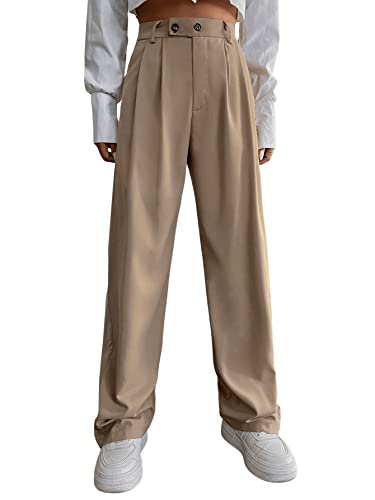 SweatyRocks Women's Casual Button Front Pleated Pants Solid Wide Leg Loose Pocket Pants