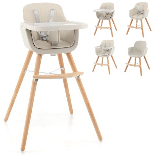 Image of Nightcore 3-in-1 Convertible Baby High Chair, Infant Multi-Purpose Dining Chair with Removable Tray & Adjustable Legs, Toddler Dining Chair with 5-Point Seat Belt & PU Pad (Beige)