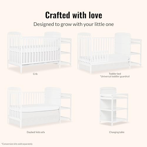 Image of Dream On Me Anna 3-in-1 Convertible Full-Size Baby Crib & Changer with Storage in White, GreenGuard Gold & BSA, Pinewood, Converts to Day & Toddler Bed, 3 Mattress Heights, 1″ Changing Pad