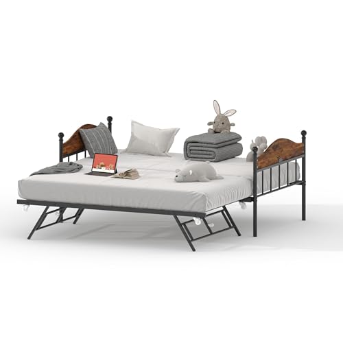 Daybed with Trundle, Sturdy Metal Twin Size Day Bed with Stylish Headboard, Height Adjustable Trundle Bed Twin, Heavy Duty Steel Slats Platform for Living Room, Bedroom and Guest Room, Brown