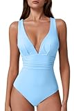 QINSEN Womens Swimsuits Tummy Conrtol Sexy V Neck One Piece Bathing Suits Cross Back Monokini Light Blue XS
