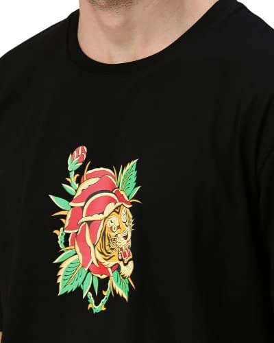 Image of Veirdo Oversized Baggy Fit Pure Cotton Drop Shoulder Half Sleeve & Aesthetic Black & Lilac Back Doodle & Tiger Graphic Printed Round Neck T-Shirt for Men