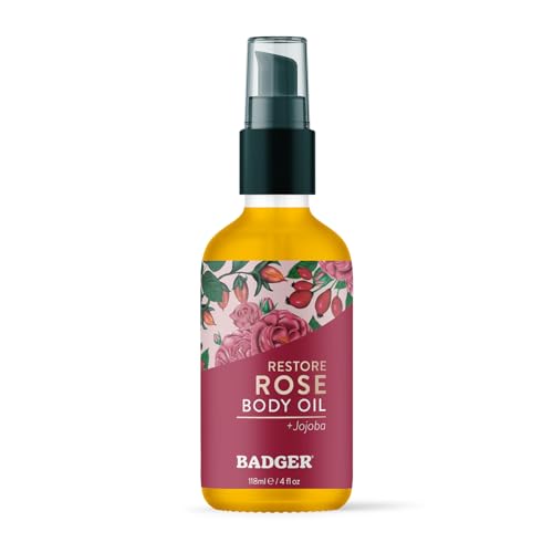 Badger Rose Body Oil, 100% Organic Rose Scented Body Oil, All Natural Body Moisturizer, Organic Jojoba & Rose Oils Soothe Dry Skin, 4 fl oz Glass Bottle